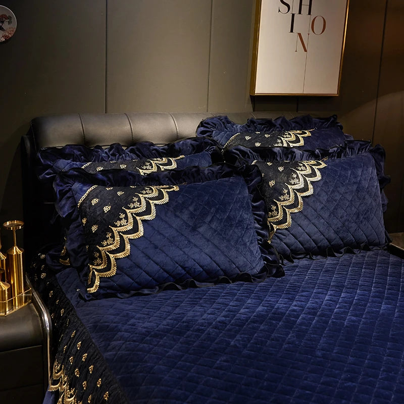Luxury Dark Blue Quilted Lace Bedspread Set