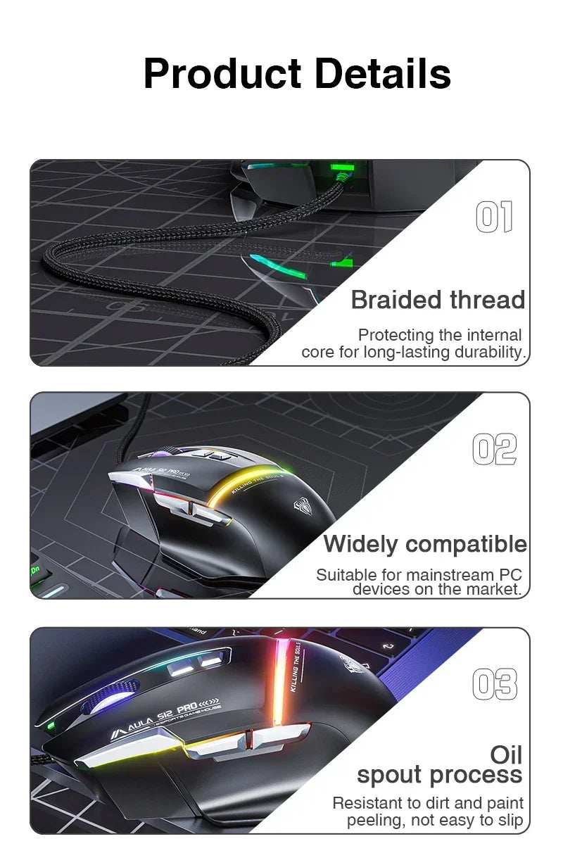AULA S12Pro RGB Gaming Mouse .12800 DPI High-Speed Wired Mouse with Low Latency Performance
