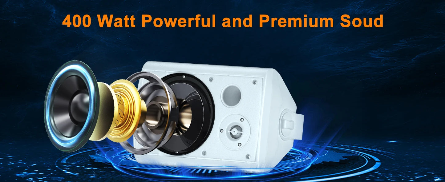 Herdio 6.5" 400W 2PCS Indoor Outdoor Bluetooth Speakers Wall Mount Speakers Waterproof Weather Resistant For Patio Garage Home