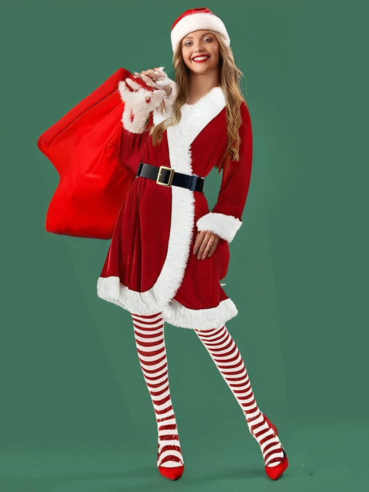Women s Christmas Costume Red Velvet Long Sleeve Belted Dress with Santa Hat Gloves and Stockings Set for Holiday Party Theme