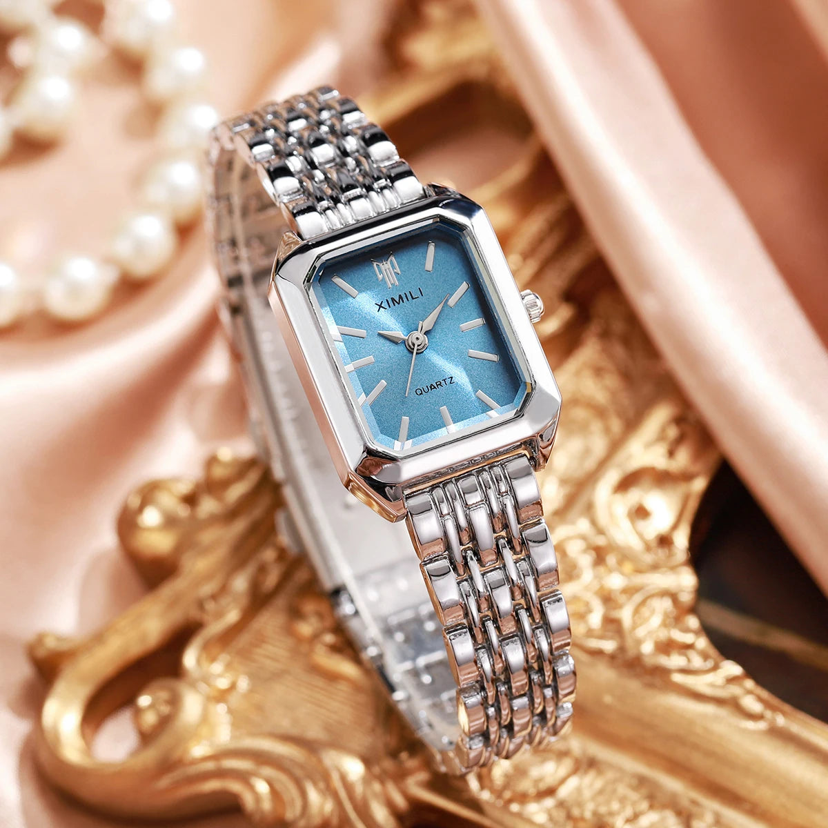 Elegant Women’s Rectangular Quartz Watch. Stainless Steel Bracelet Fashion Timepiece