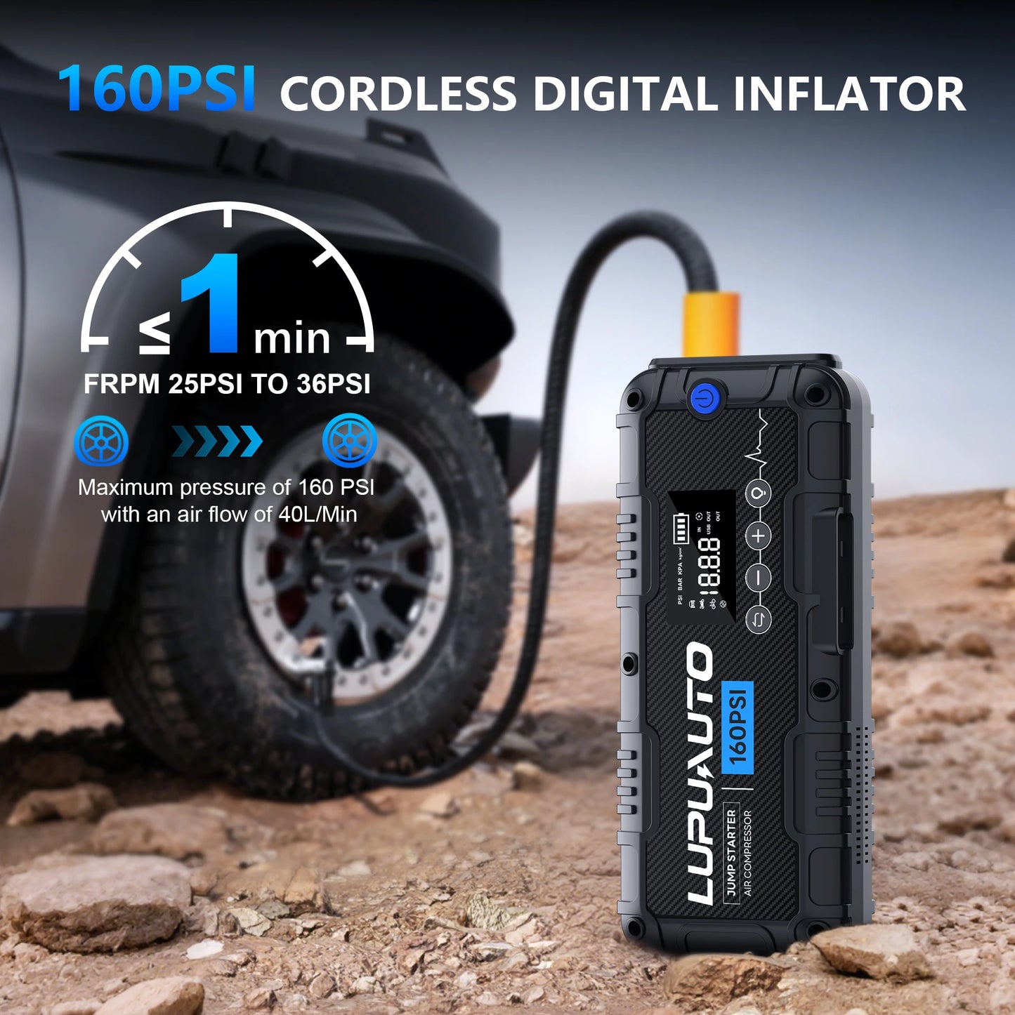 7000A Portable Car Jump Starter with Air Compressor | Battery Booster Pack | Digital Tire Inflator | Power Bank & LED Emergency Light