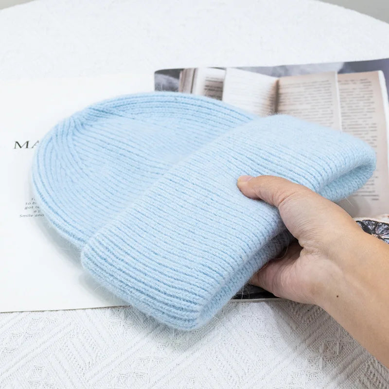 Warm Cashmere Wool Beanie For Women Rabbit Fur Threefold Cap