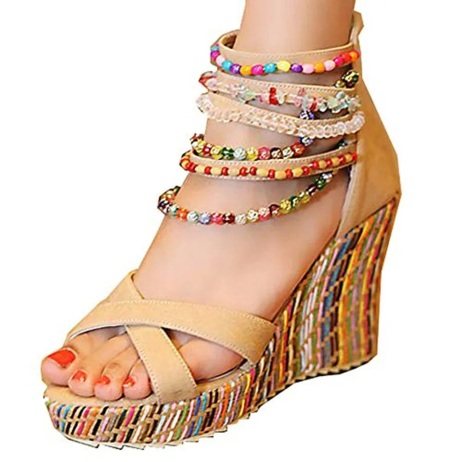 getmorebeauty Women's Wedge Sandals With Pearls Across The Top Platform Sandals High Heels