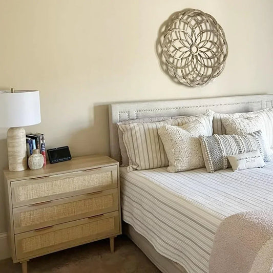 Large Nightstand Set of 2 with Rattan Drawer, Modern 3 Drawer Night Stand for Bedroom, Wooden Bedside Table for Queen Size