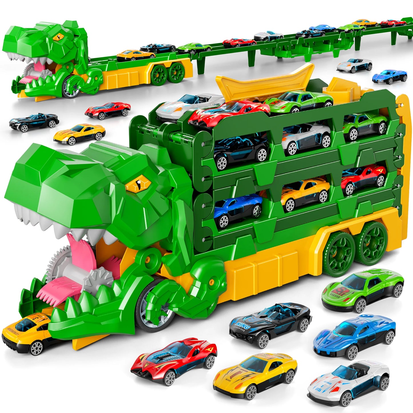 59in Foldable And Catapult Dinosaur Transport Truck Toys With 12 Die-Cast Racing Cars For Kids 3-8 Age Birthday Gift Toys Sets