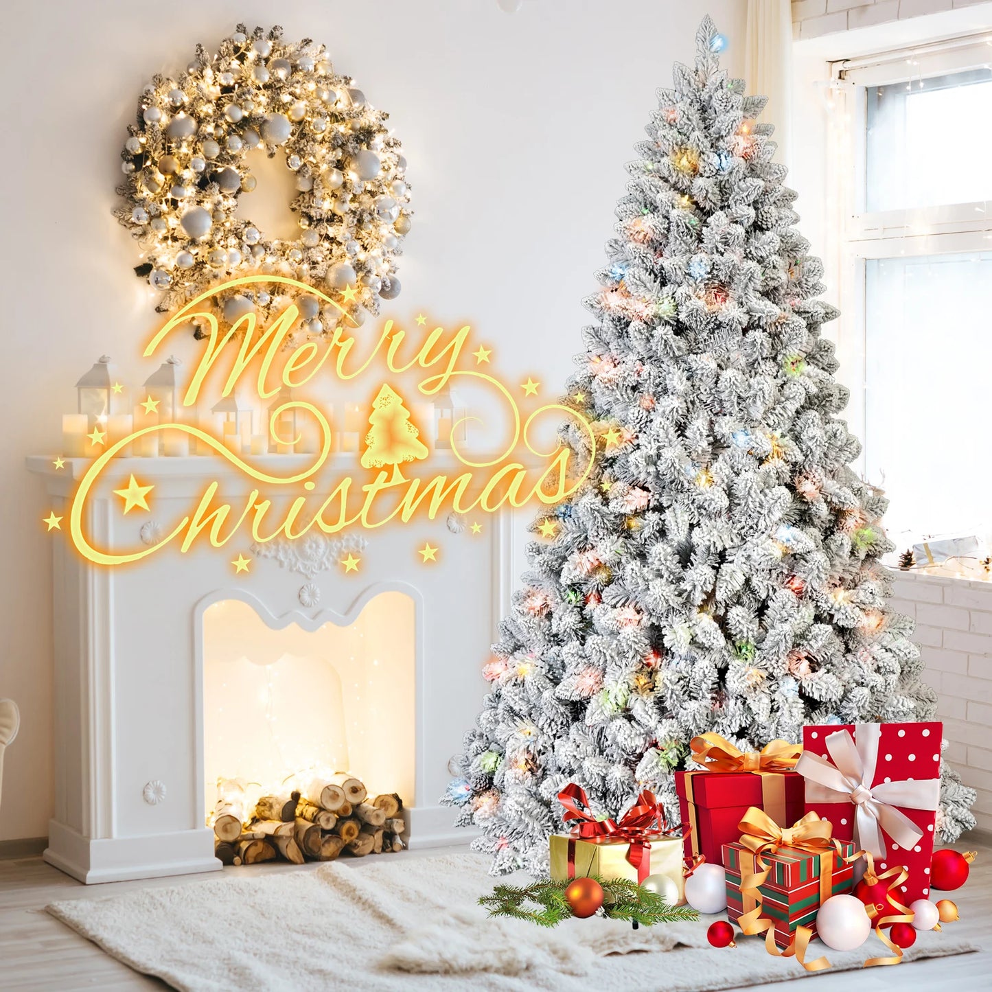 FT Pre-Lit Snow-Flocked Artificial Christmas Tree .Premium Mixed PVC Branches with Warm Holiday Lighting