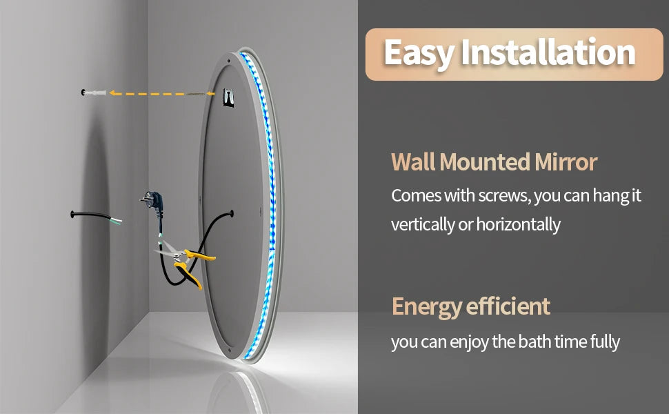 Round Bathroom Mirror with LED Light Dimmable Illuminated Wall Mirror with 8 RGB Backlit 3 Front Color Smart Anti-fog Memory