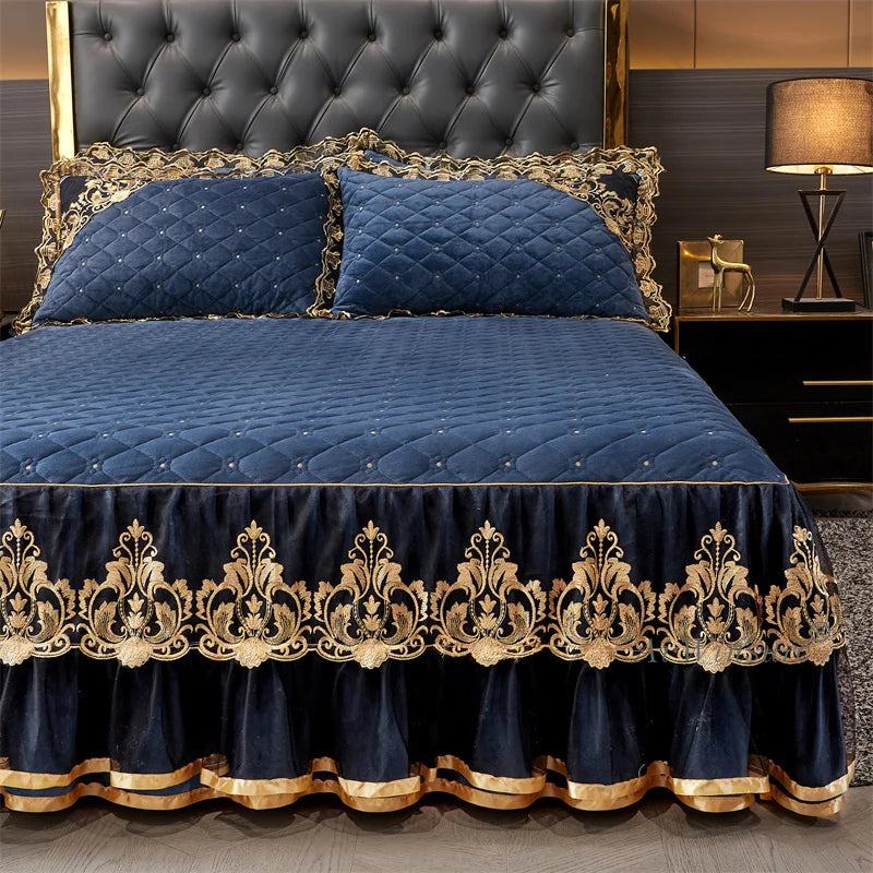 AIWINSURE-European Lace Velvet Bedspread Set, King Size, Queen Thickened Bed Cover, Soft Bed Skirt, Luxury, with 2 Pillowcases