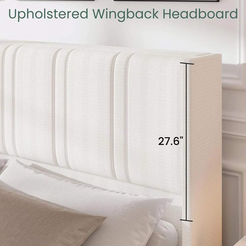 Size Bed Frame with 4 Storage Drawers and Wingback Headboard Linen Upholstered Platform Bed Frame with Wooden Slats, Easy