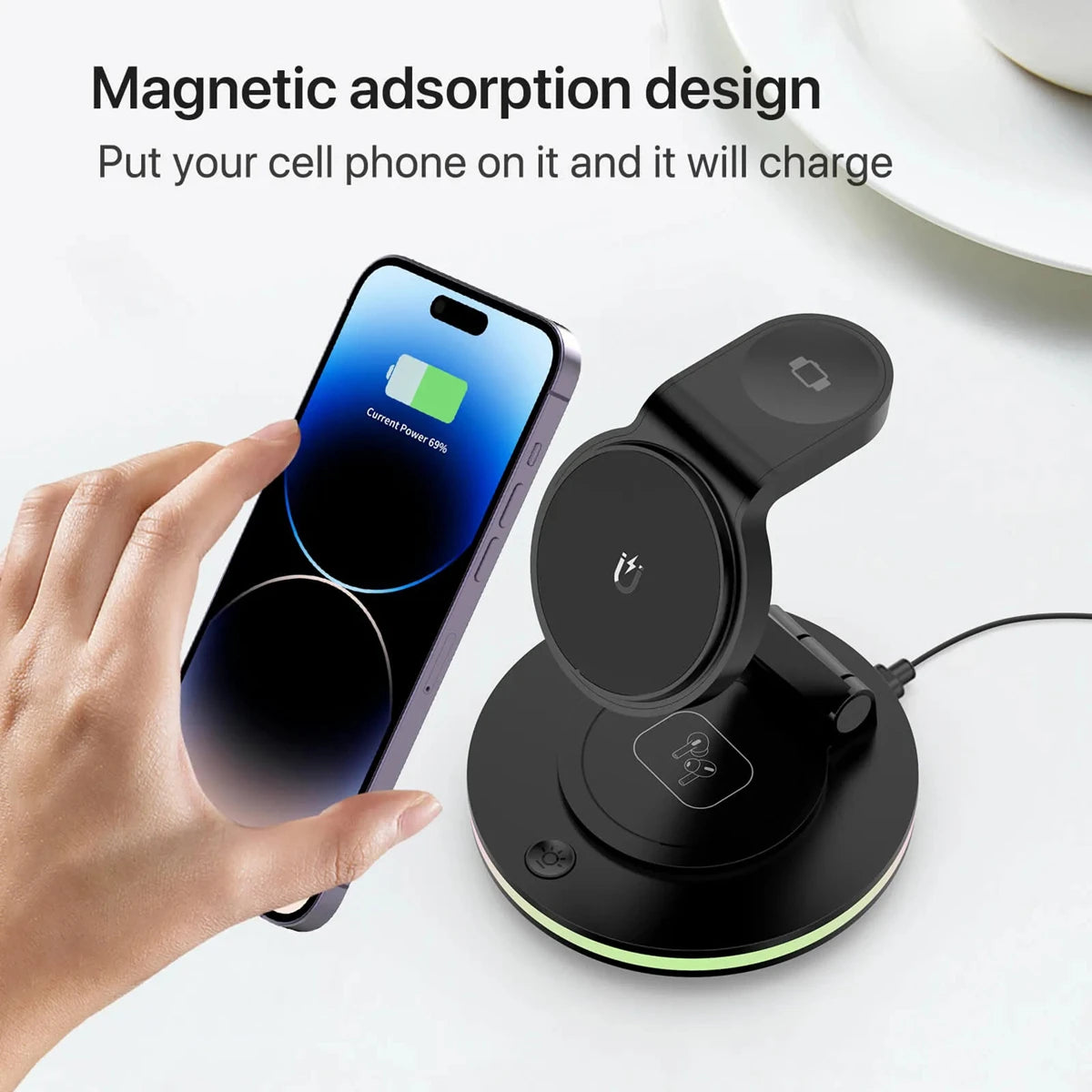 4 in 1 Wireless Charging Station For iPhone 16 15 14 13 12 For MagSafe Magnetic Charger Rotatable Holder Dock With Ambient Light