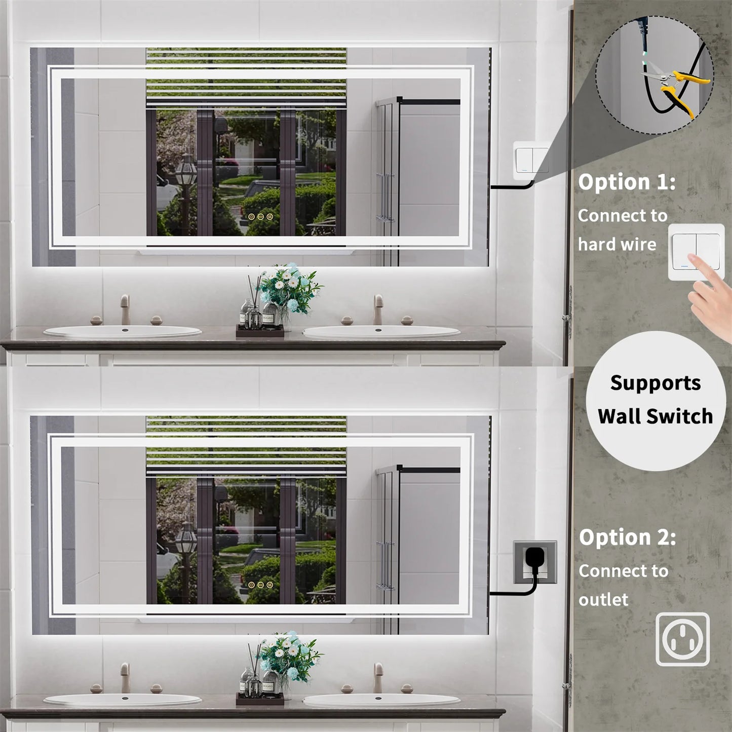 63" x 32" Extra Large LED Light Backlit Bathroom Mirror Dual Lights Makeup Anti-Fog Memory 3 Colors Dimmable With Touch Button