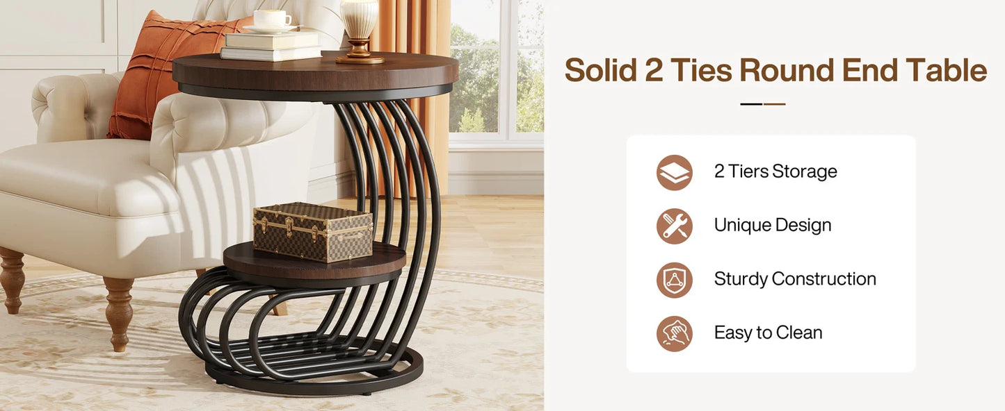 Round End Side Table: Side Table with 2 Tiers Storage Shelves, Small Bedside Table Accent Table with Arc-Shaped Frame