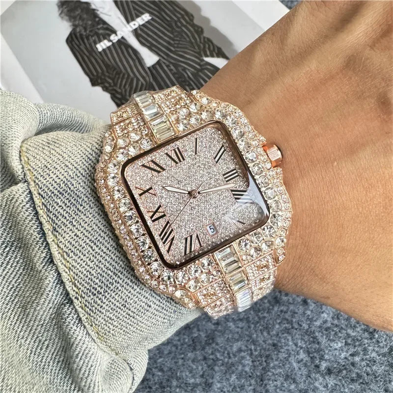 Luxury Iced-Out Square Men’s Watch. Diamond Style Fashion Timepiece