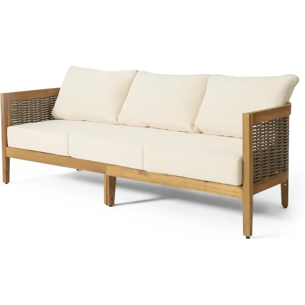 Outdoor Acacia Wood Wicker 3 Seater Patio Sofa Conversation Set
