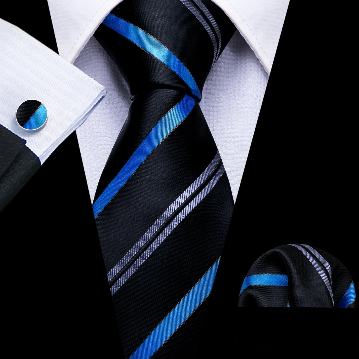 Luxury Men’s Silk Necktie Gift Set with Pocket Square, Cufflinks & Tie Clip