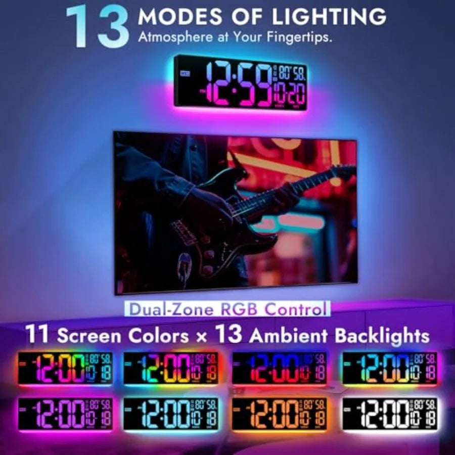 RGB LED Digital Wall Clock with Remote Control, Temperature Display, Alarm & Date Function
