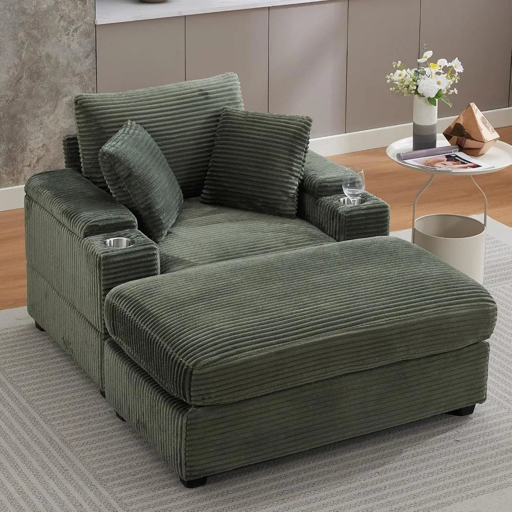 50" Oversized Chaise Lounge Chair Indoor with Ottoman and Storage, Deep Seat Upholstered reading Chair, Comfy Corduroy Sleeper C