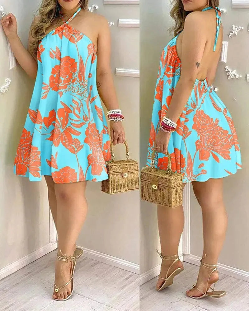 Women’s Floral Halter Neck Mini Dress | Sleeveless Summer Beach Sundress