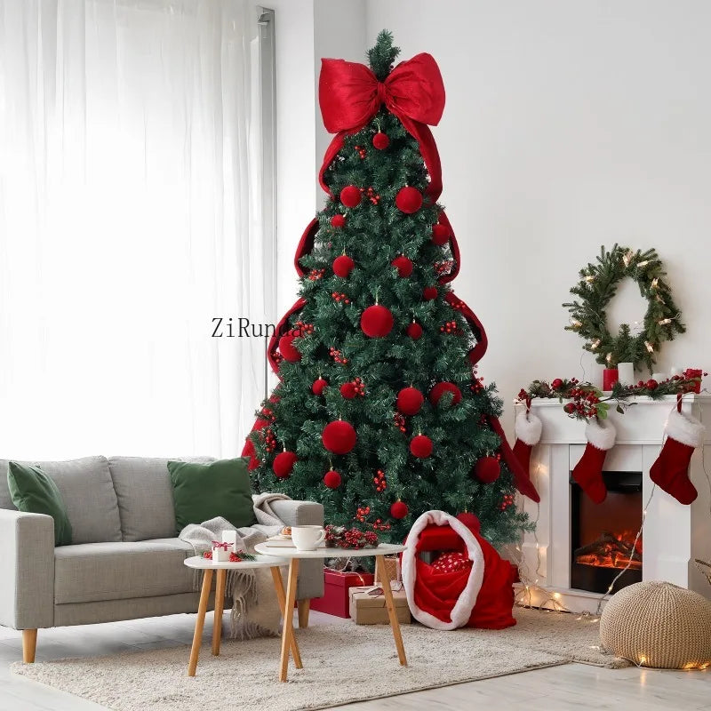 7.5 FT Pre-Lit Artificial Christmas Tree – 300 Warm White LED Lights with Red Ribbon, Holiday Home Décor & Metal Stand