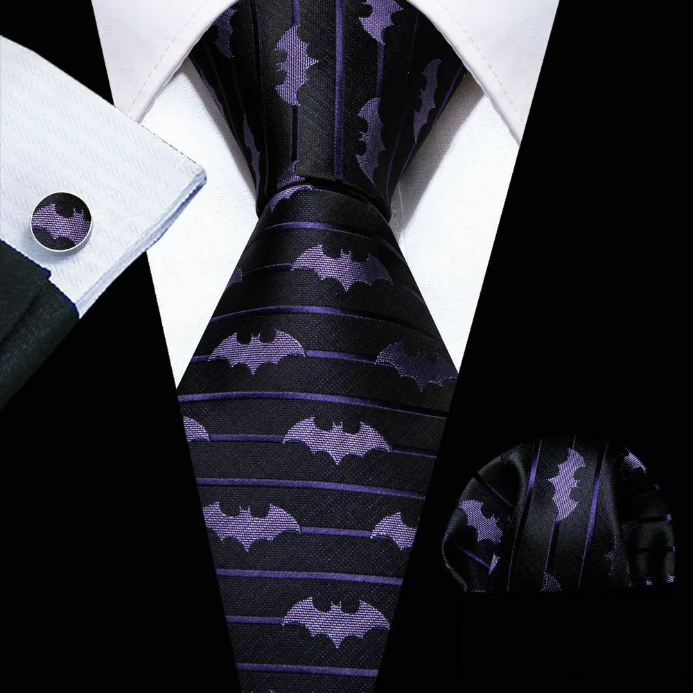 Men’s Luxury Dinosaur Necktie Set . Navy Blue Silk Tie, Pocket Square & Cufflinks for Business, Weddings & Special Events
