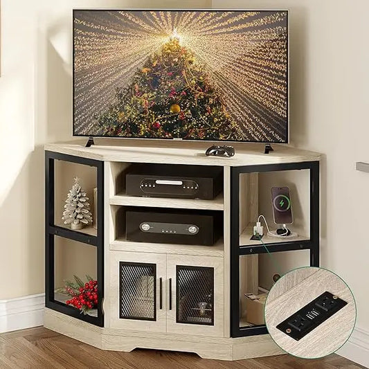 Corner TV Stand for TVs up to 55/50 Inch with Power Outlet, Modern Farmhouse Entertainment Center, Wood TV Media Console with S