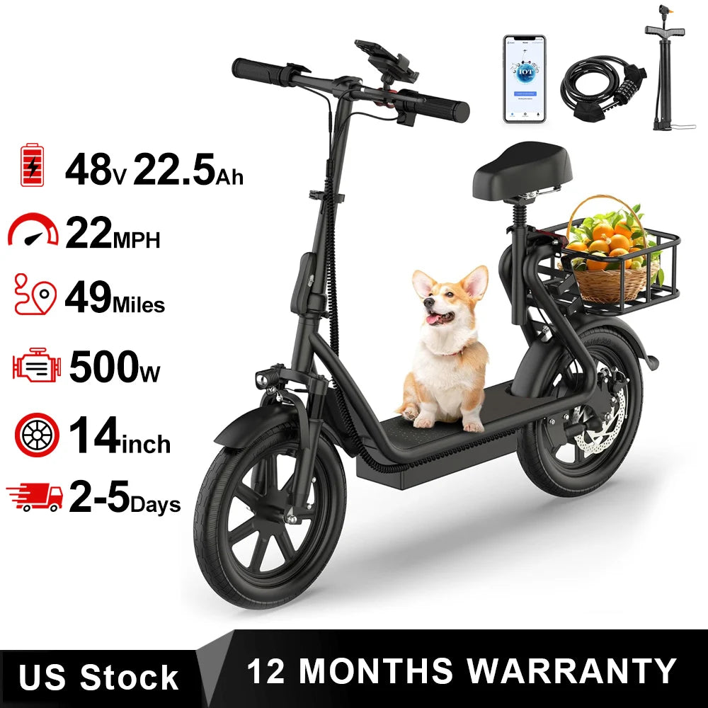 500W Electric Scooter with Seat  Folding Commuter E-Scooter for Adults, 22 MPH Top Speed & Long-Range Battery