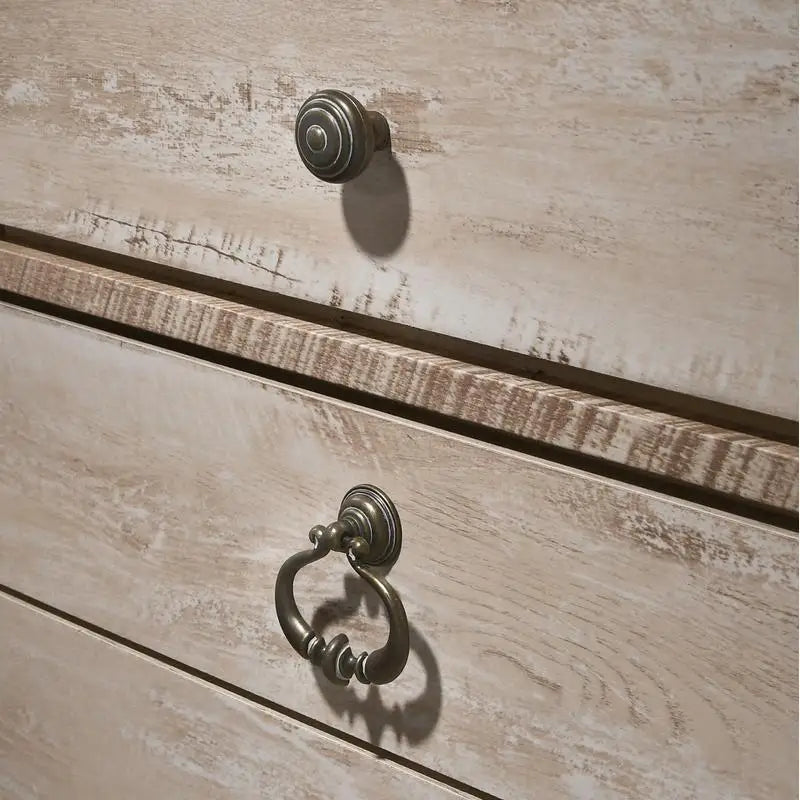 King Sleigh Bed Bedroom Set with White Wash Finish, Dresser, Mirror, 2 Nightstands