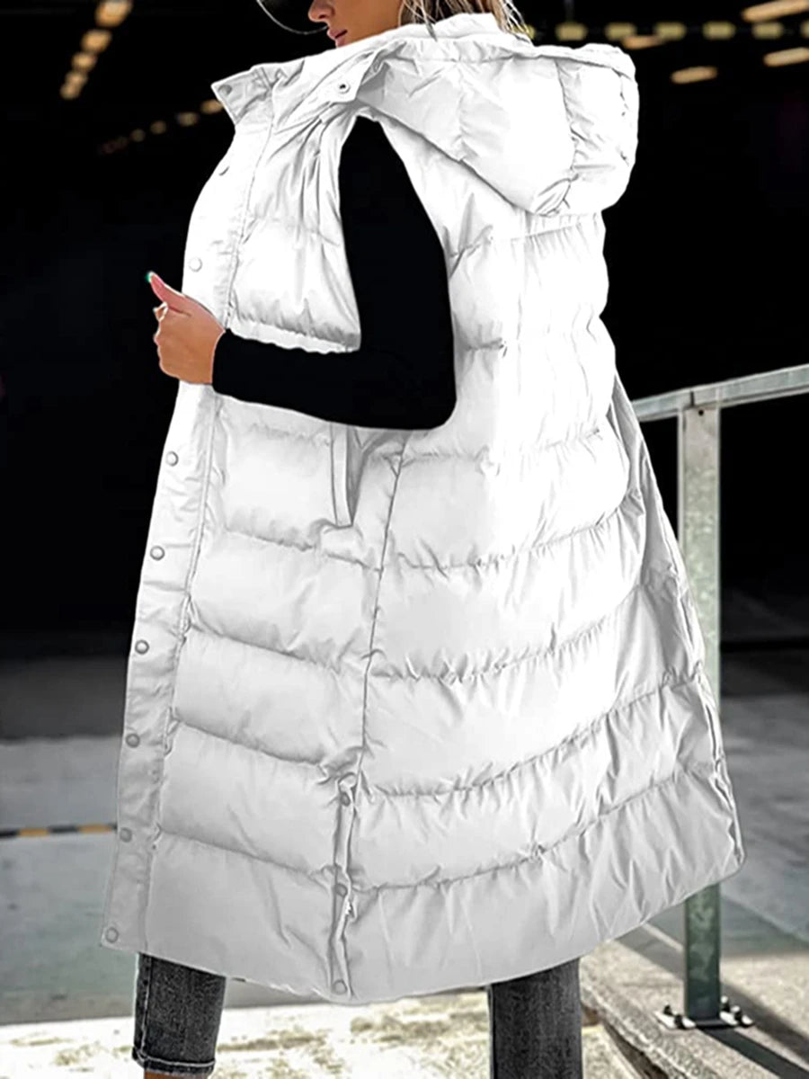 Women s Quilted Puffer Vest with Hood Sleeveless Zip-Up Winter Jacket Solid Color Warm Coat with Pockets for Cold Weather
