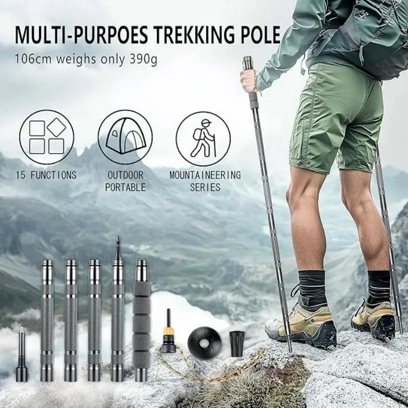 Heavy-Duty Modular Hiking Stick  Multi-Purpose Outdoor Trekking Pole with Accessories