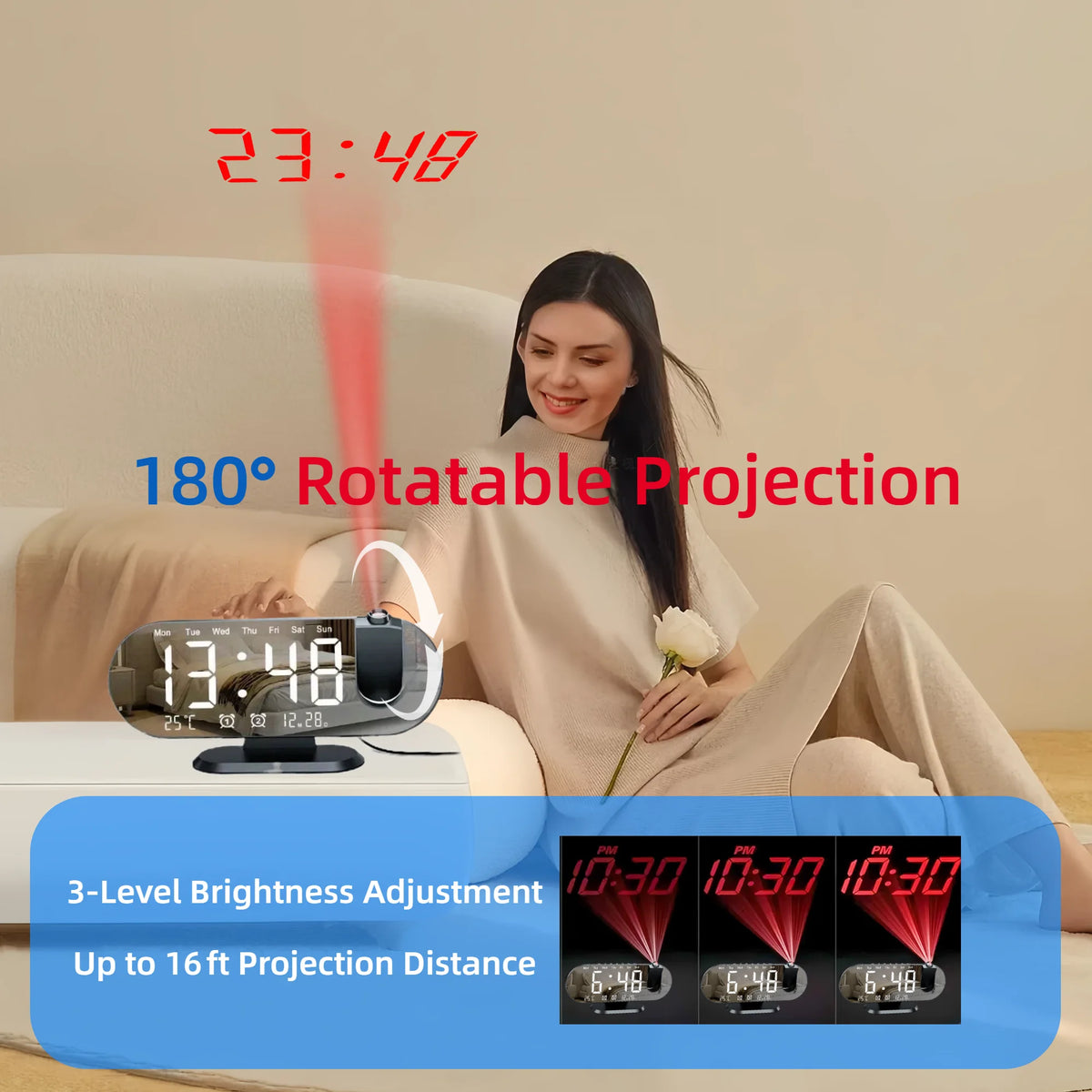 Digital Projection Alarm Clock – 8.8-Inch LED Mirror Display & Dual Alarm
