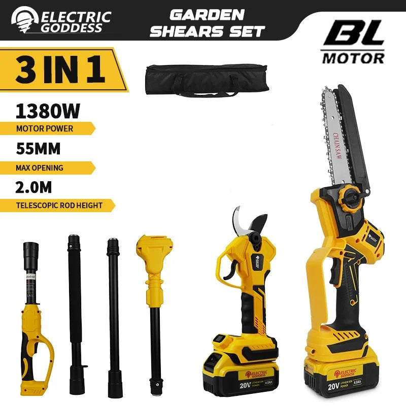 Brushless Cordless Pruning Set. Chainsaw, Electric Shears & Telescoping Pole