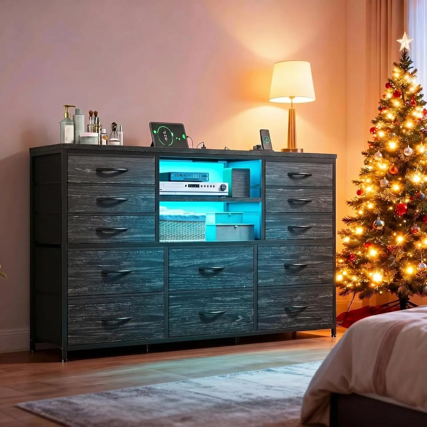 LED Bedroom Dresser with Charging Station & Storage Drawers