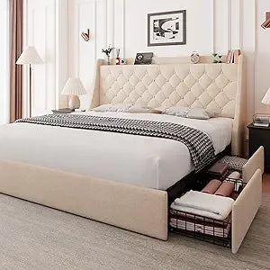 Feonase King-Size Upholstered Bed Frame with Four Storage Drawers, Wingback Headboard, and Charging Station