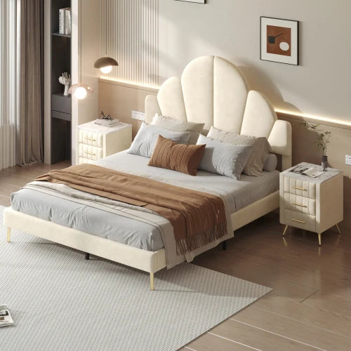 3 Pieces Bedroom Sets, Queen Size Modern Velvet Upholstered Bed Frame with Petal Shape Headboard, 3 Drawers Nightstands, Beige