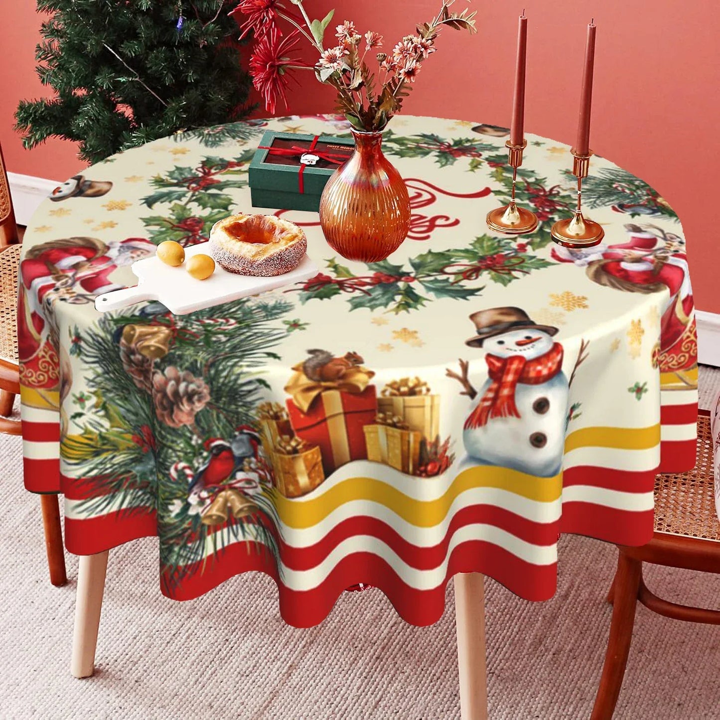 Christmas Round Tablecloth Christmas Wreath Snowflake Table Cloth Red Merry Christmas Home Decoration For ChristmasTable Cover