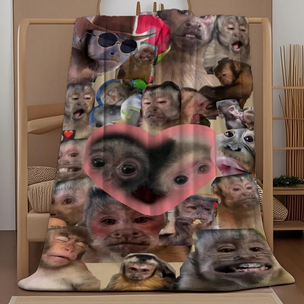 Soft Flannel Blanket - Monkey Face Collage Throw with Expressions, All-Season Cozy Warmth for Couch, Bed, Office
