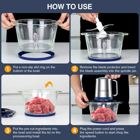 Electric Food Processor, 2-Speed Food Chopper Meat Grinder with 8Cup Stainless Steel &8Cup Glass Bowls for home kitchen