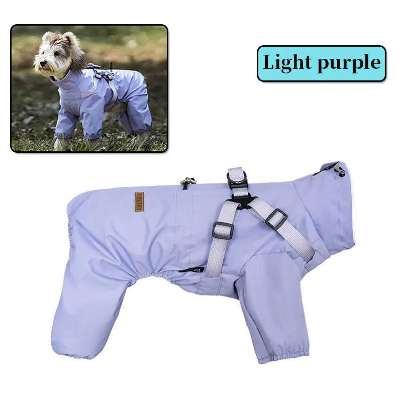 Waterproof Dog Raincoat with Harness . Reflective All-Weather Pet Jumpsuit