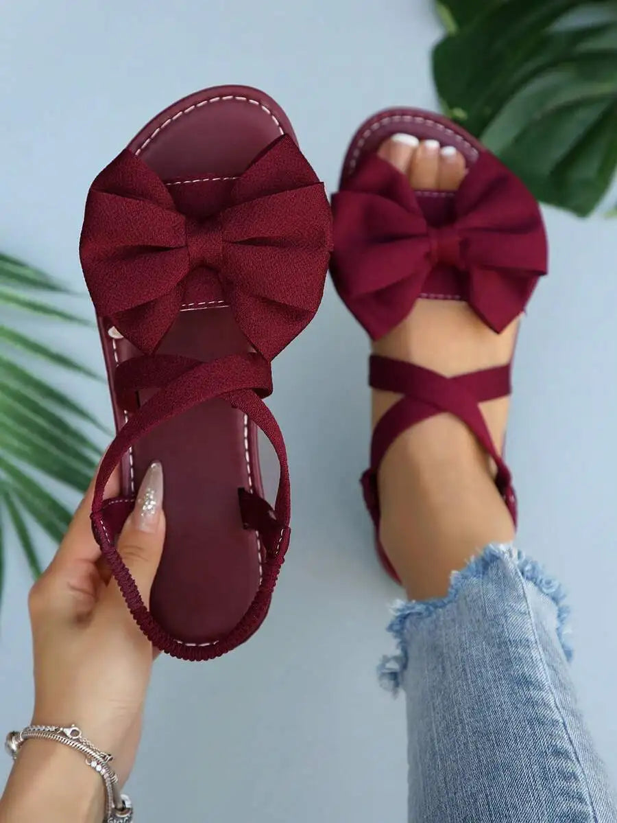 Plus Size Round Toe Criss Cross Bow Flat Sandals, Elastic Open Toe Beach Slippers Summer Casual Wear