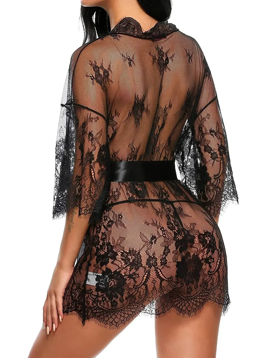 Women's Sheer Lace Robe. Floral Mesh Lingerie Nightgown with Ruffle Trim