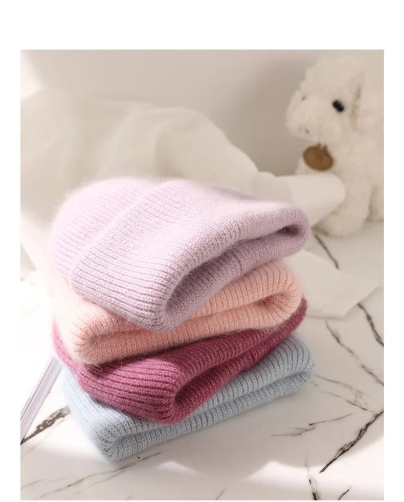 Warm Cashmere Wool Skullies Beanie For Women Rabbit Fur