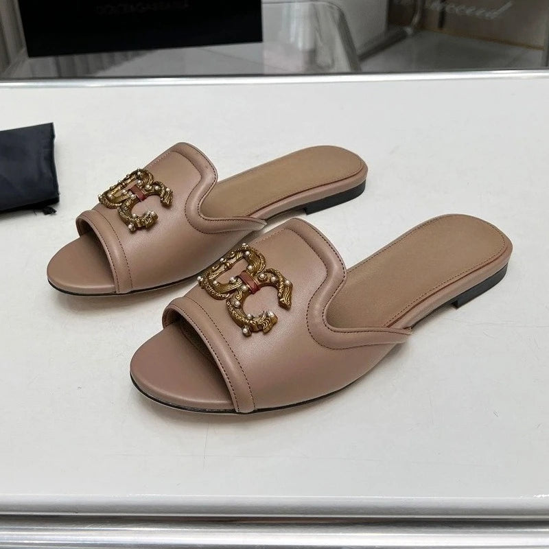 Women’s Genuine Leather Metal Accent Slide Sandals .Luxury European Style Slip-On Flats  Description: