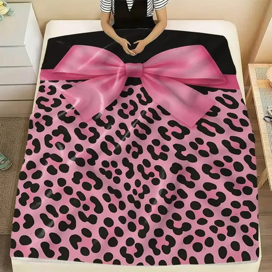 Pink Leopard Bow Flannel Throw Blanket .Ultra Soft Cozy Luxury Blanket