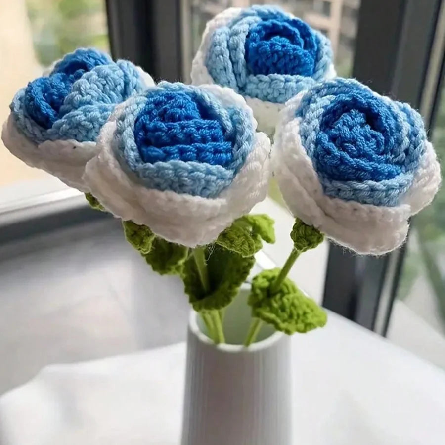 6Pcs Crochet Rose Flowers, Fake Rose Artificial Flowers Handmade Knitted Rose Bouquet Crochet Flower Bouquet Table Decoration