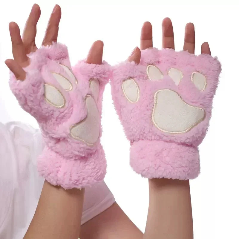 Lovely Plush Cat Claw Paw Gloves Short Fingerless Mittens