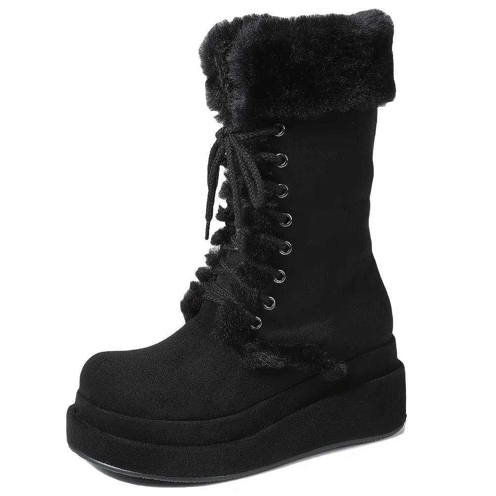 Winter Warm Faux Fur Mid Calf Snow Boots Fashion Platform Wedges High Heels Side Zipper Lace-up Boots for Women