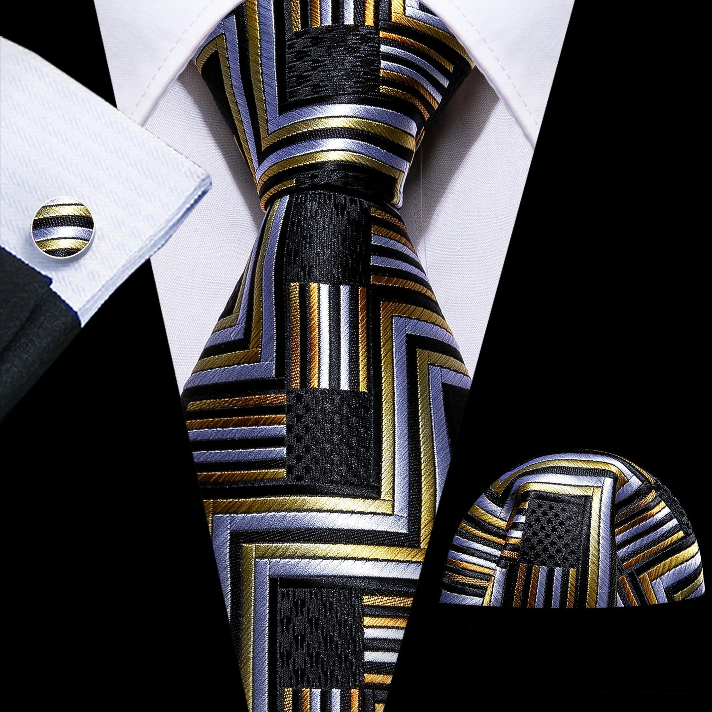 Luxury Men’s Silk Necktie Gift Set with Pocket Square, Cufflinks & Tie Clip