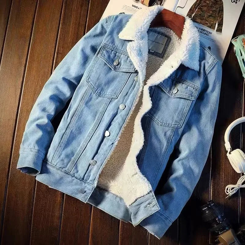 Vintage Sherpa Lined Men’s Trucker Jacket . Warm Casual Denim Coat for Everyday Comfort