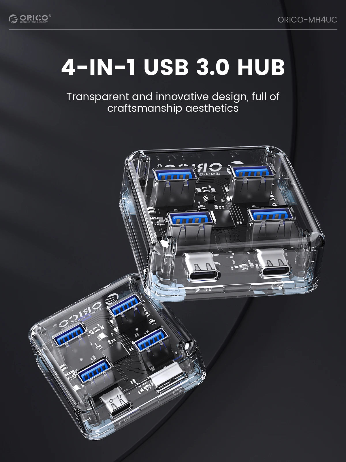 Transparent USB Hub Docking Station with High-Speed Data Transfer & Multi-Port Expansion  Description
